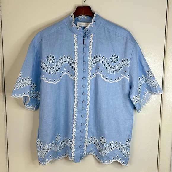 Zimmermann Junie Broderie Anglaise light blue button-down linen top. 6 - Picture 1 of 6